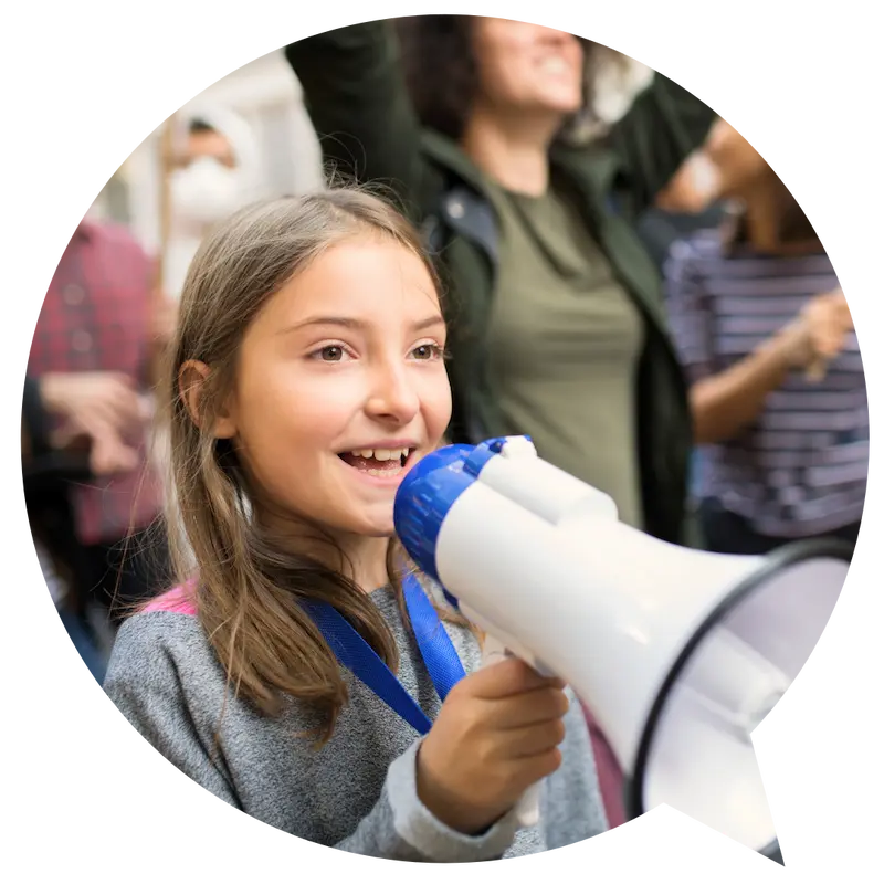 Primary school age girl with her mouth to a megaphone