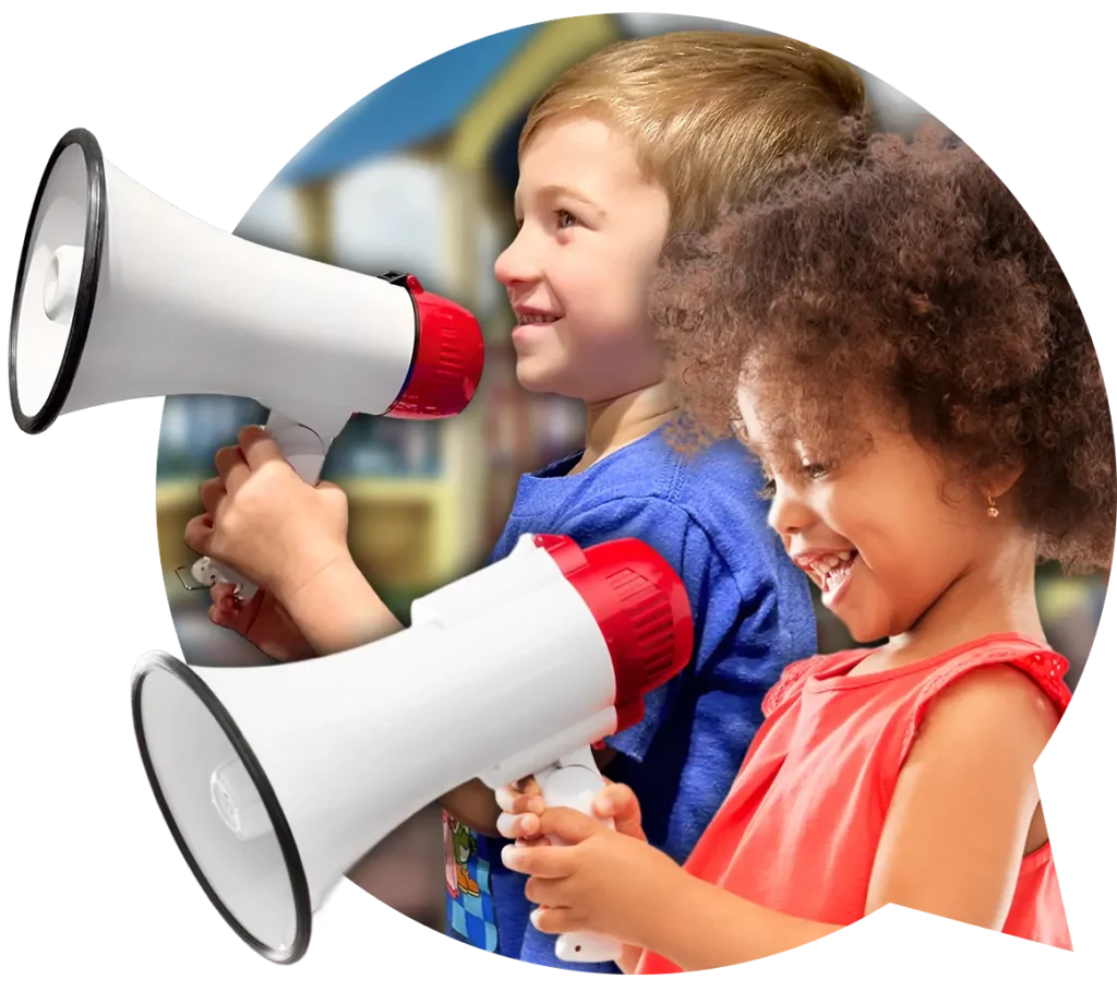 Two children holding megaphones